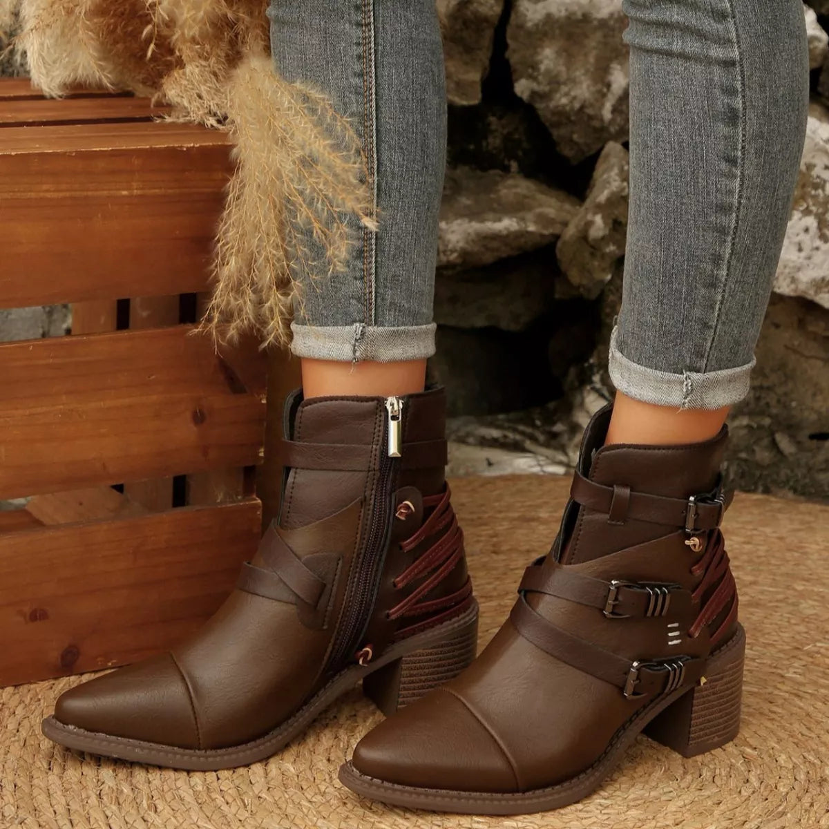 Point Toe Buckle Strap Ankle Boots with Block Heel front view