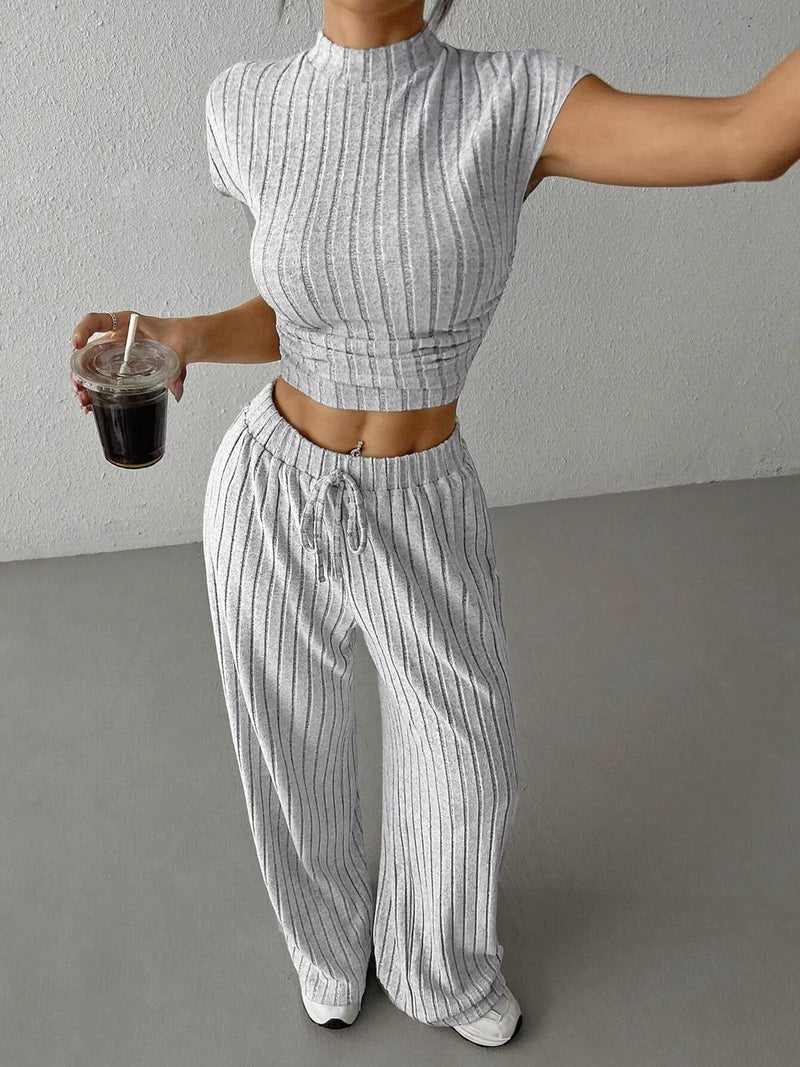 Light gray ribbed knit top and wide leg pants set front view
