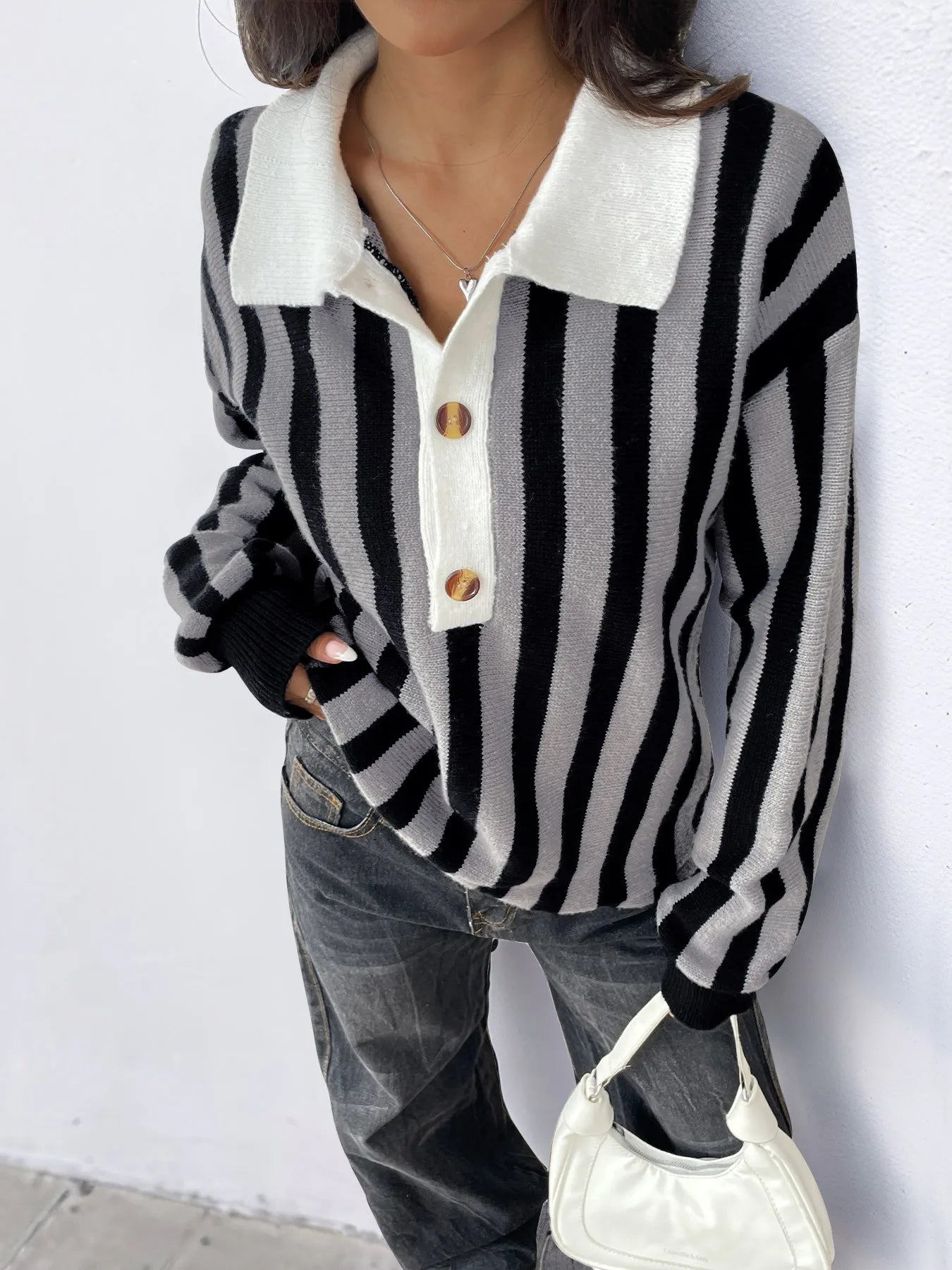 Striped Button Front Long Sleeve Sweater - Fashorio