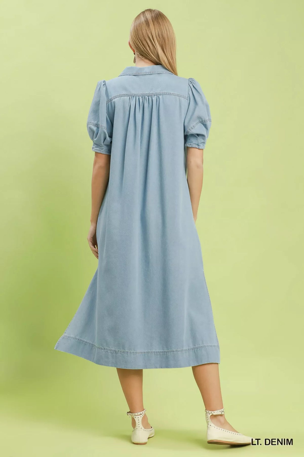 Light denim chambray dress contrast stitching detail