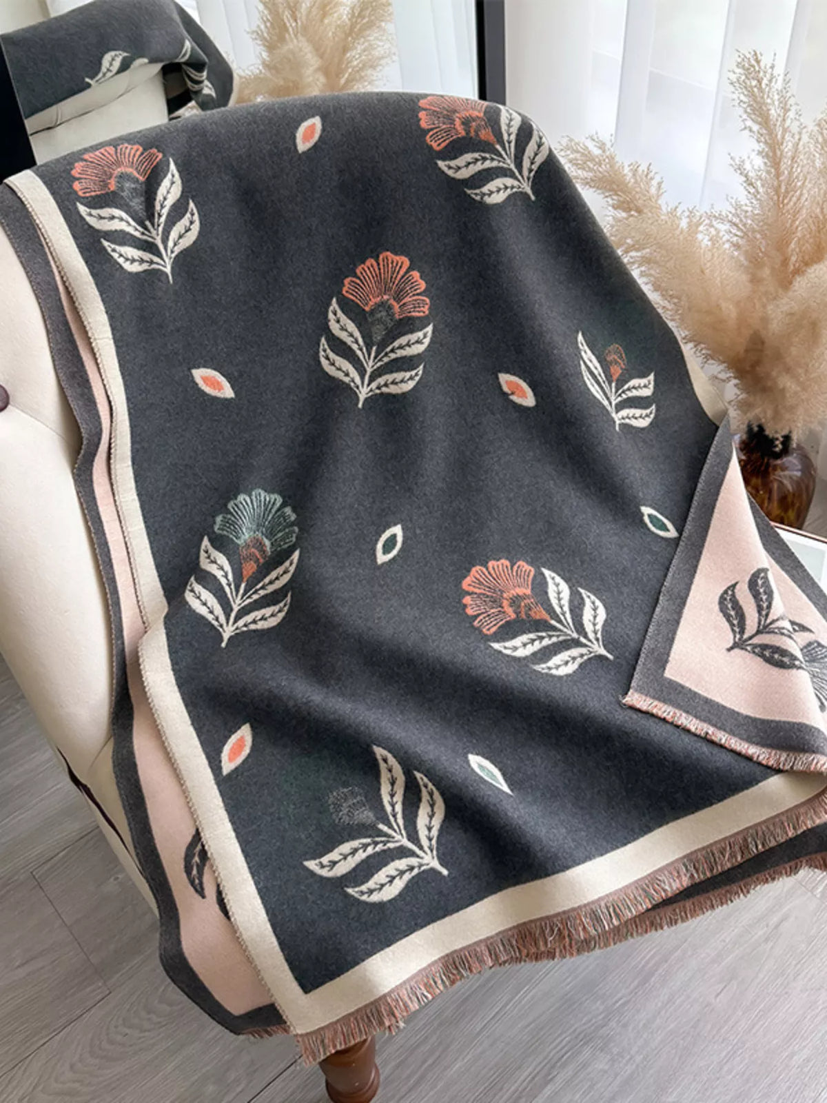 Printed raw hem shawl full view
