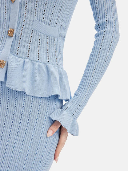 Ruffled V-Neck Top and Midi Skirt Sweater Set - Fashorio