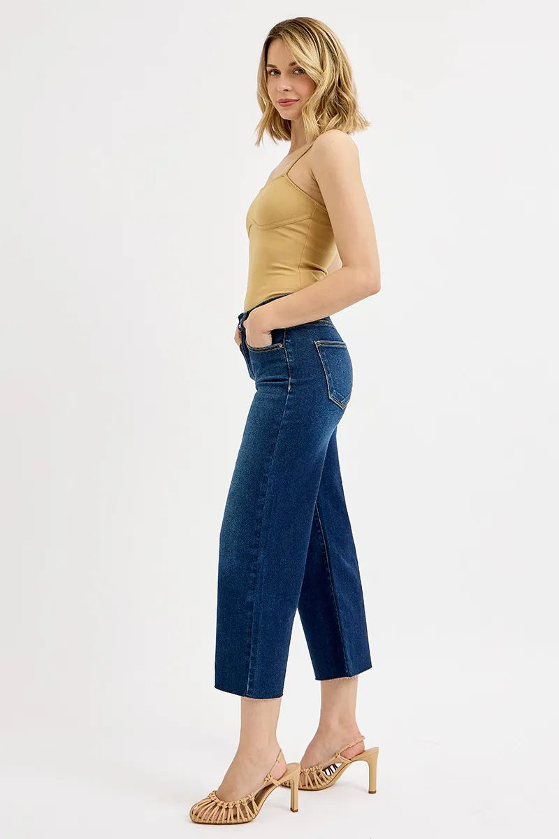 RISEN Full Size Tummy Control High Rise Crop Wide Jeans Plus Size - Fashorio