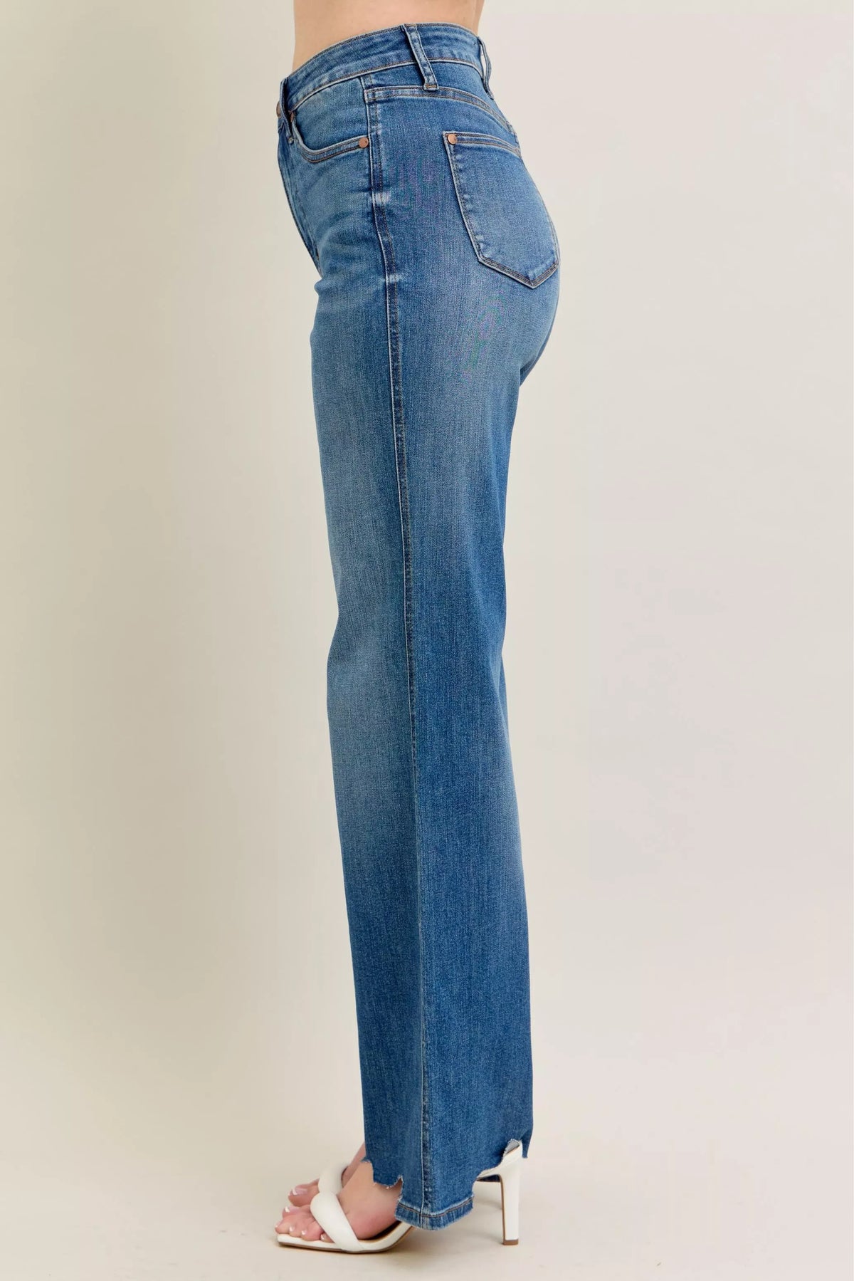High rise distressed denim jeans full length