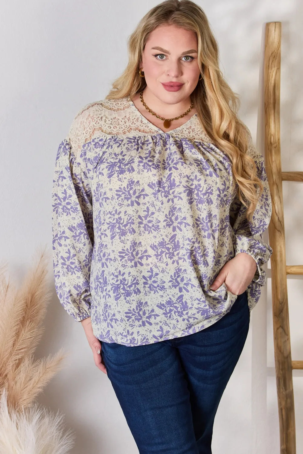 Hailey & Co Full Size Lace Detail Printed Blouse - Fashorio