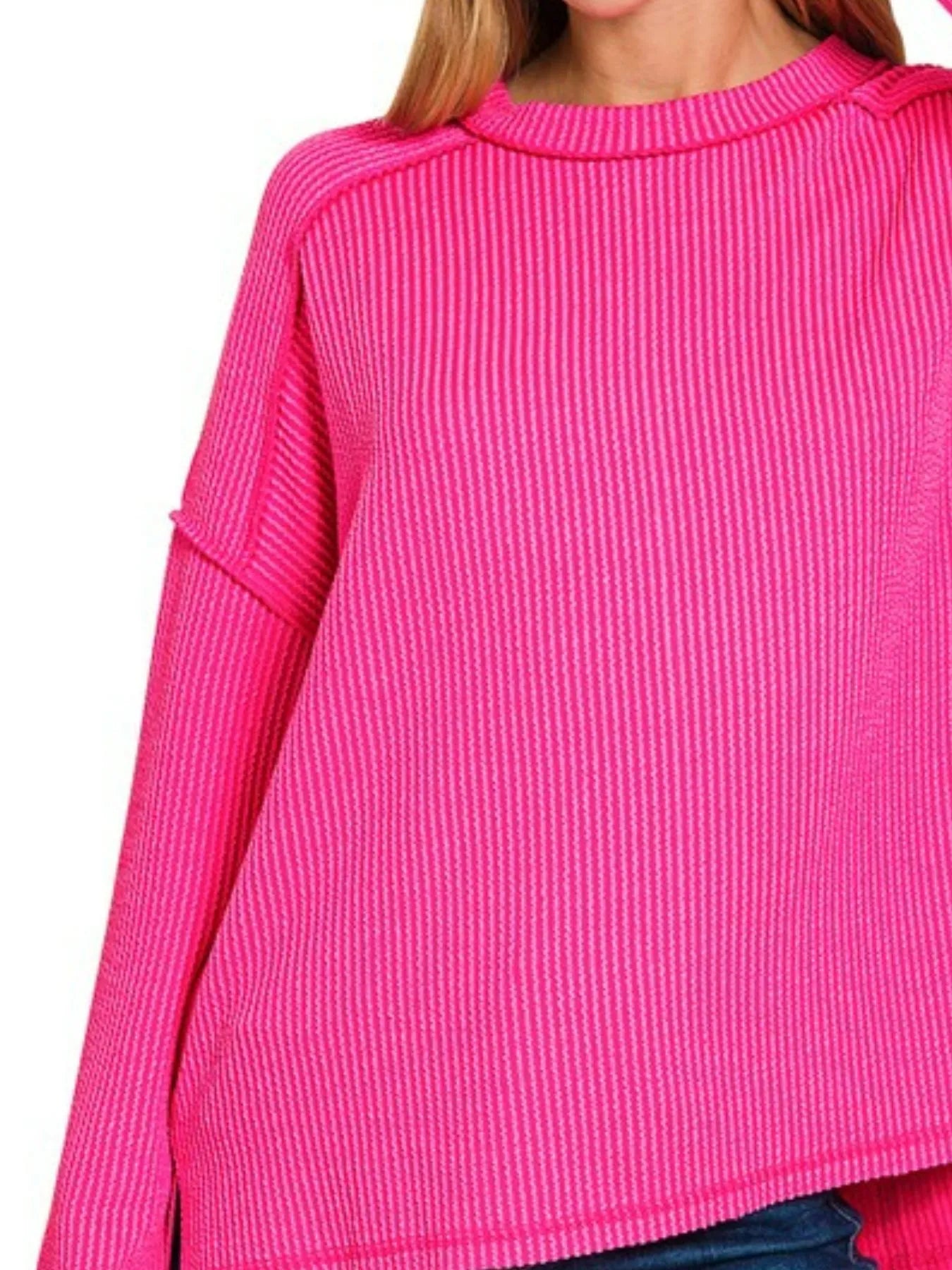 Zenana Exposed Seam Long Sleeve Corded Rib Knit Top - Fashorio