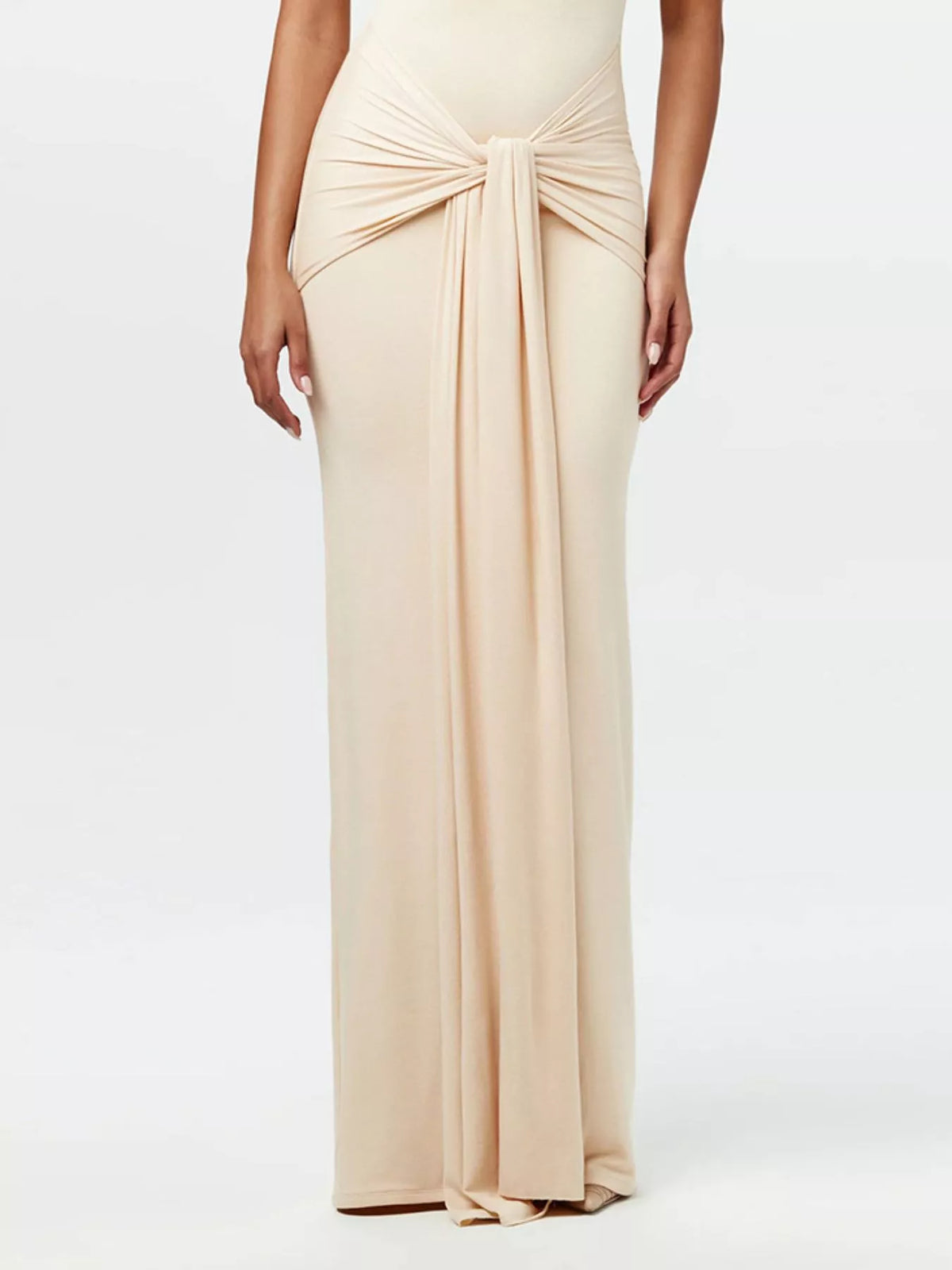 mock neck knot front maxi dress movement shot