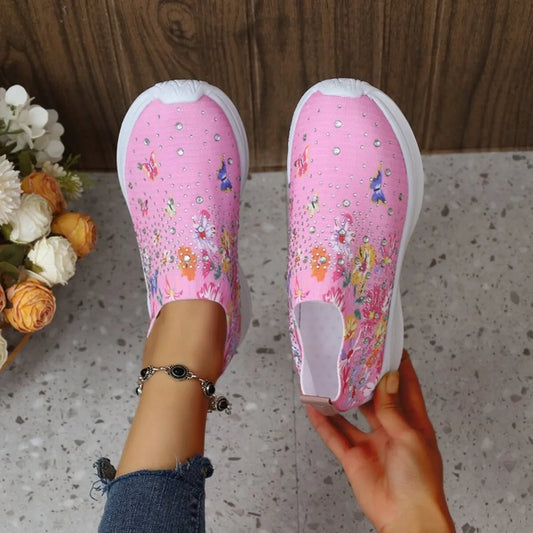 Rhinestone Floral Print Sneakers - Fashorio