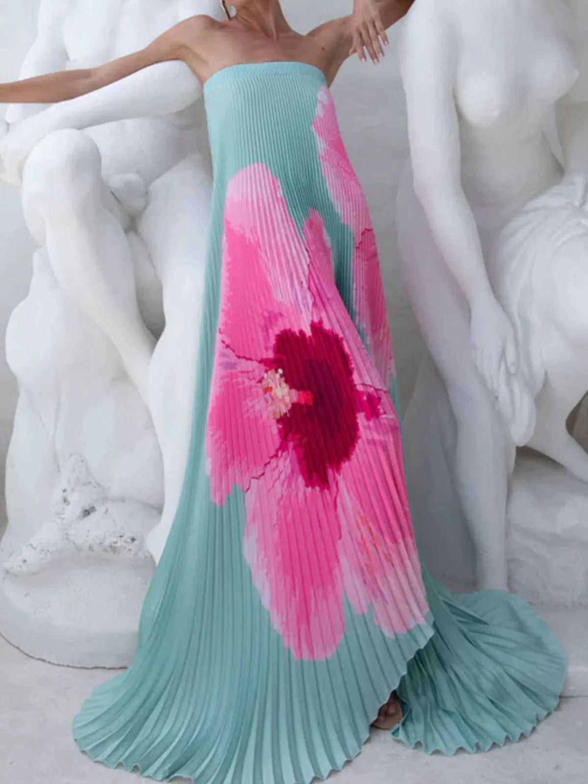 Pleated printed strapless tube floor length dress back view