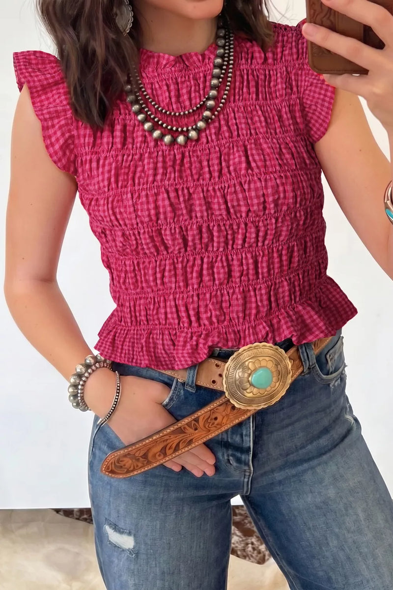 smocked gingham ruffle tank front view
