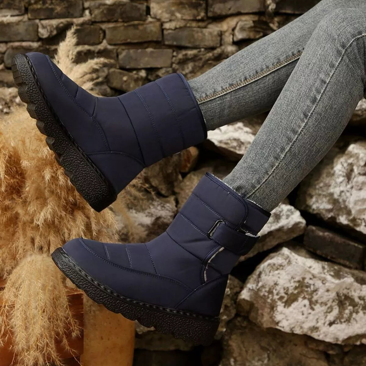 Round toe faux leather platform boots close up detail