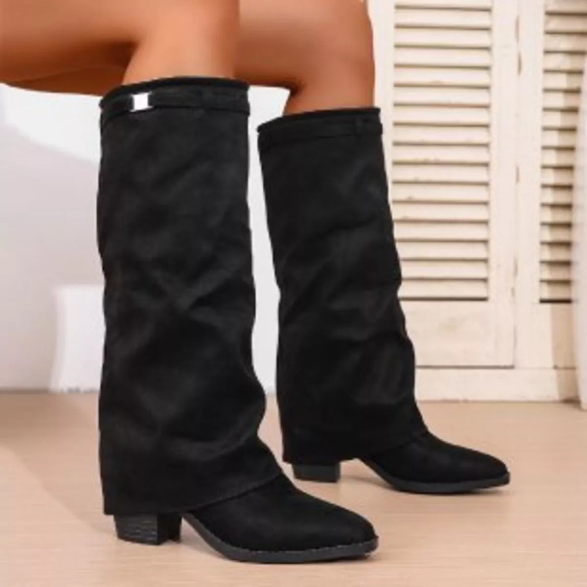 Point toe block heel boots side profile