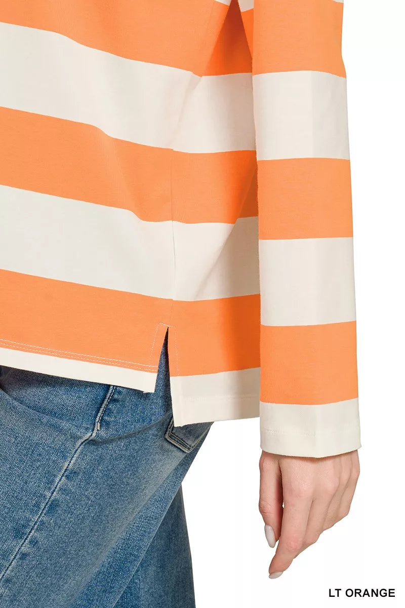 Back view of the Zenana striped collar polo top