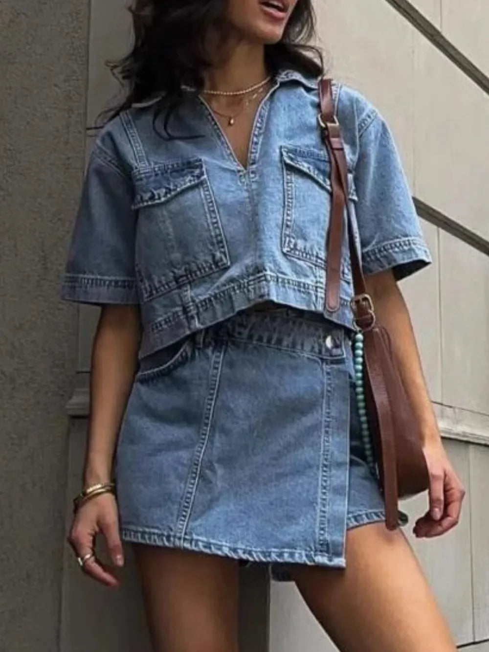 Denim skort two piece set styled on model