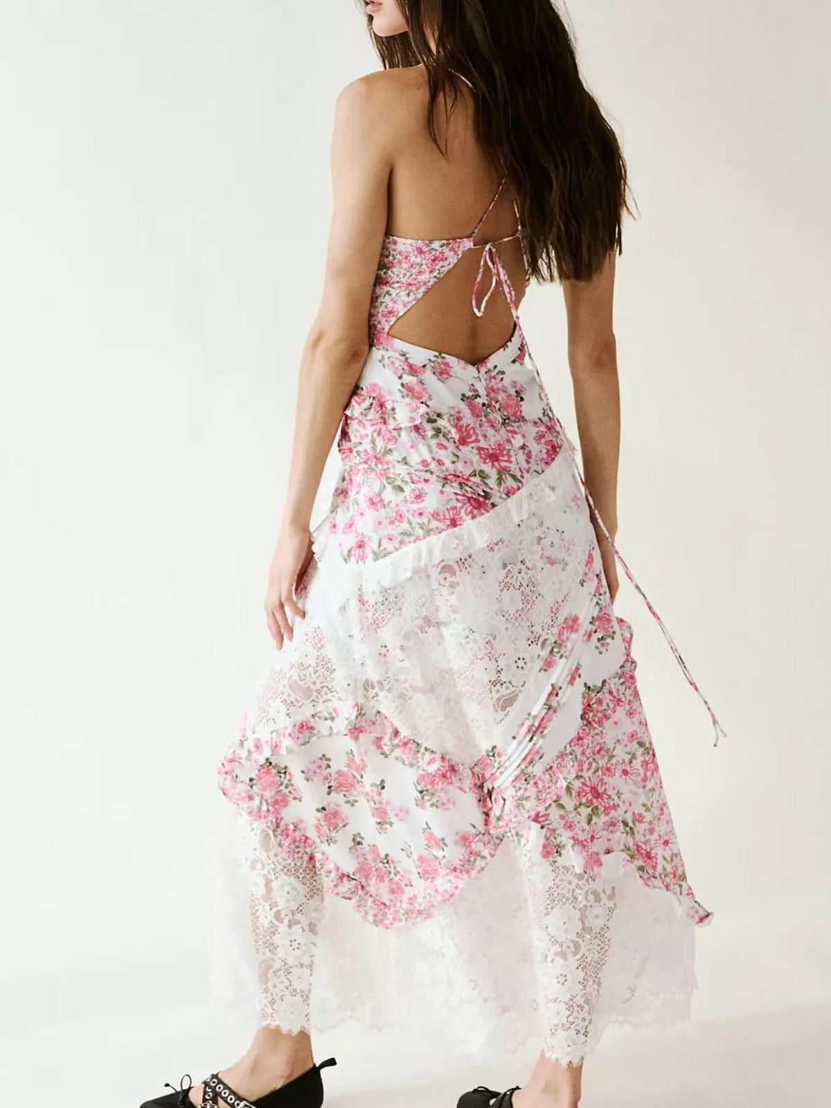 Full length lace maxi dress styled for an event