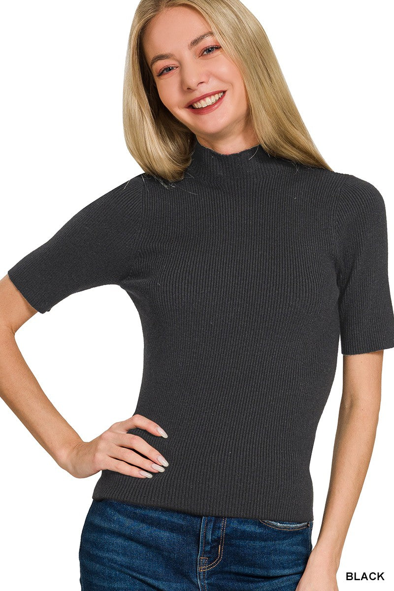 Fitted ribbed mock neck knit top front