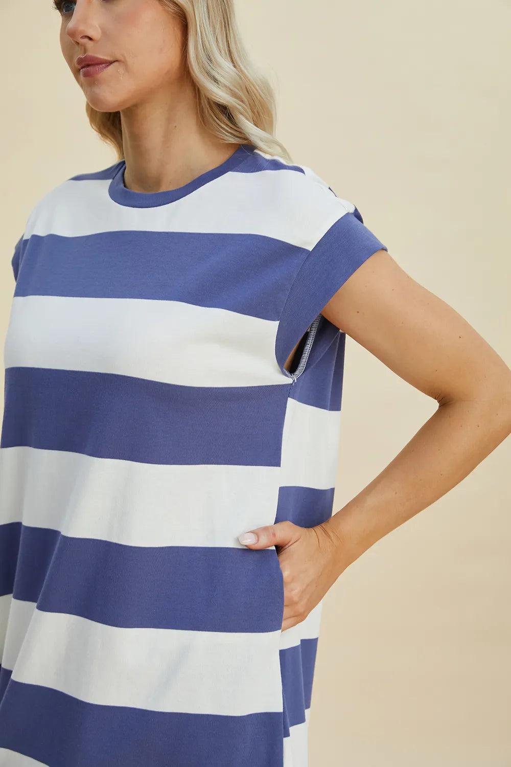 Striped Round Neck Cap Sleeve Mini Dress Plus Size, view 22