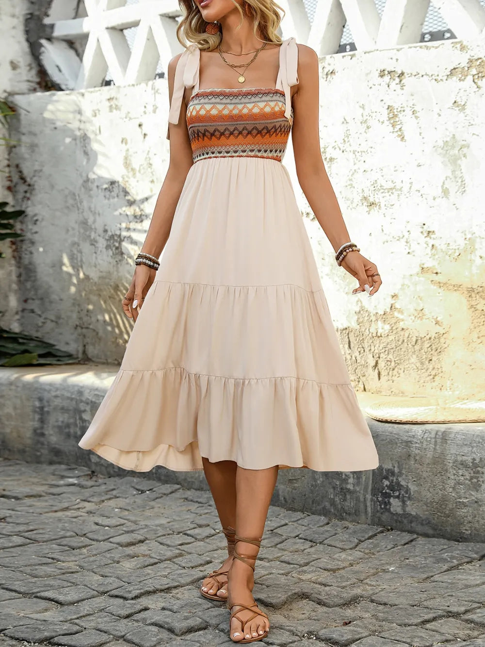 Square neck midi dress shoulder tie detail