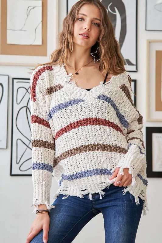 Frayed Edge Stripe Sweater in Beige back view