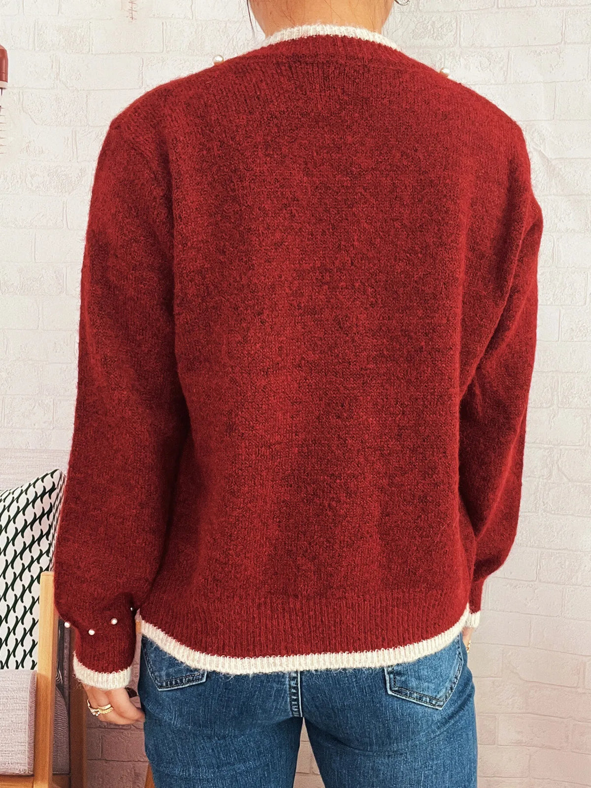 pearl button front ribbed cardigan fabric detail