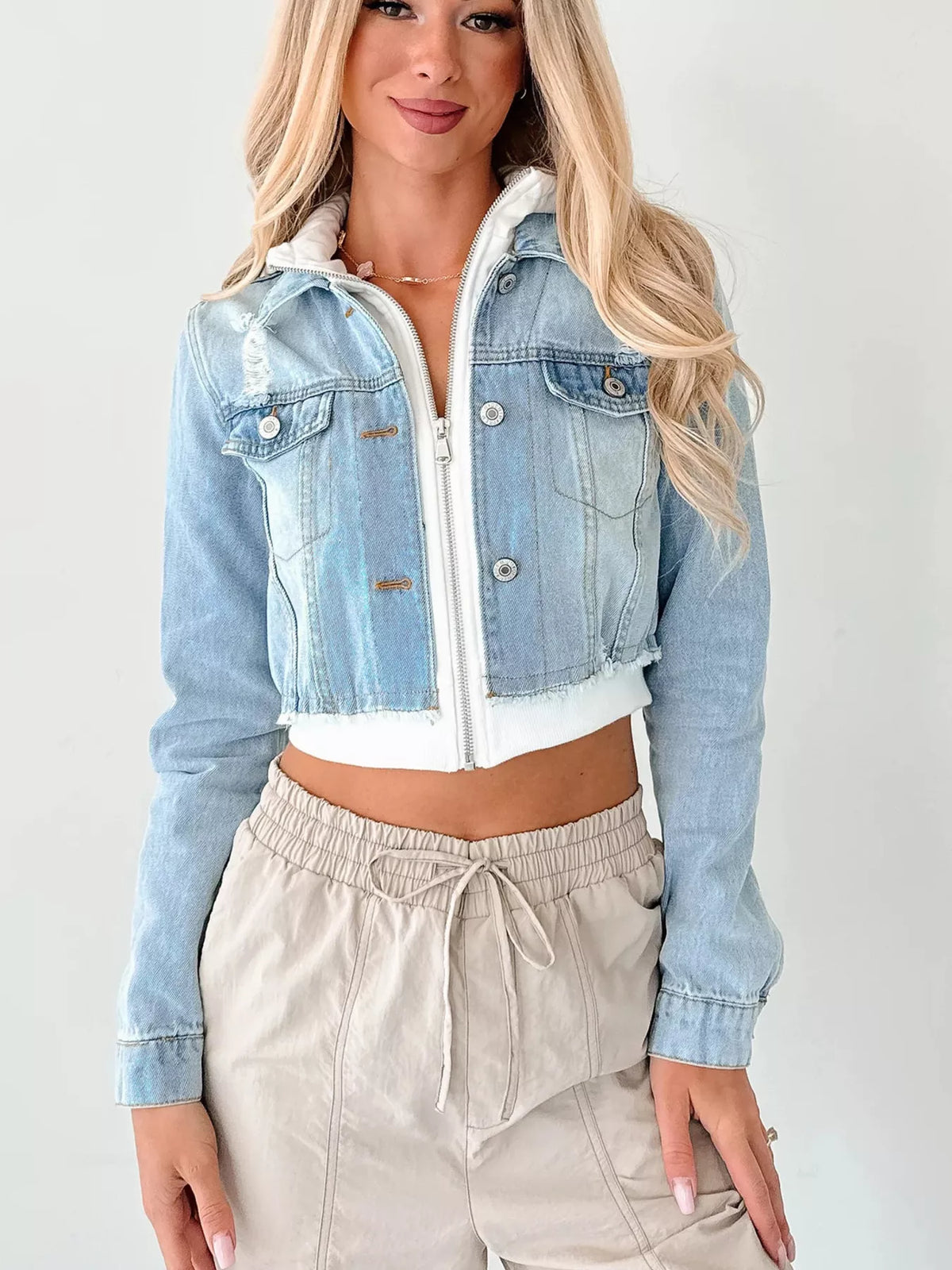 Distressed Cropped Hooded Denim Jacket in Light Blue detail