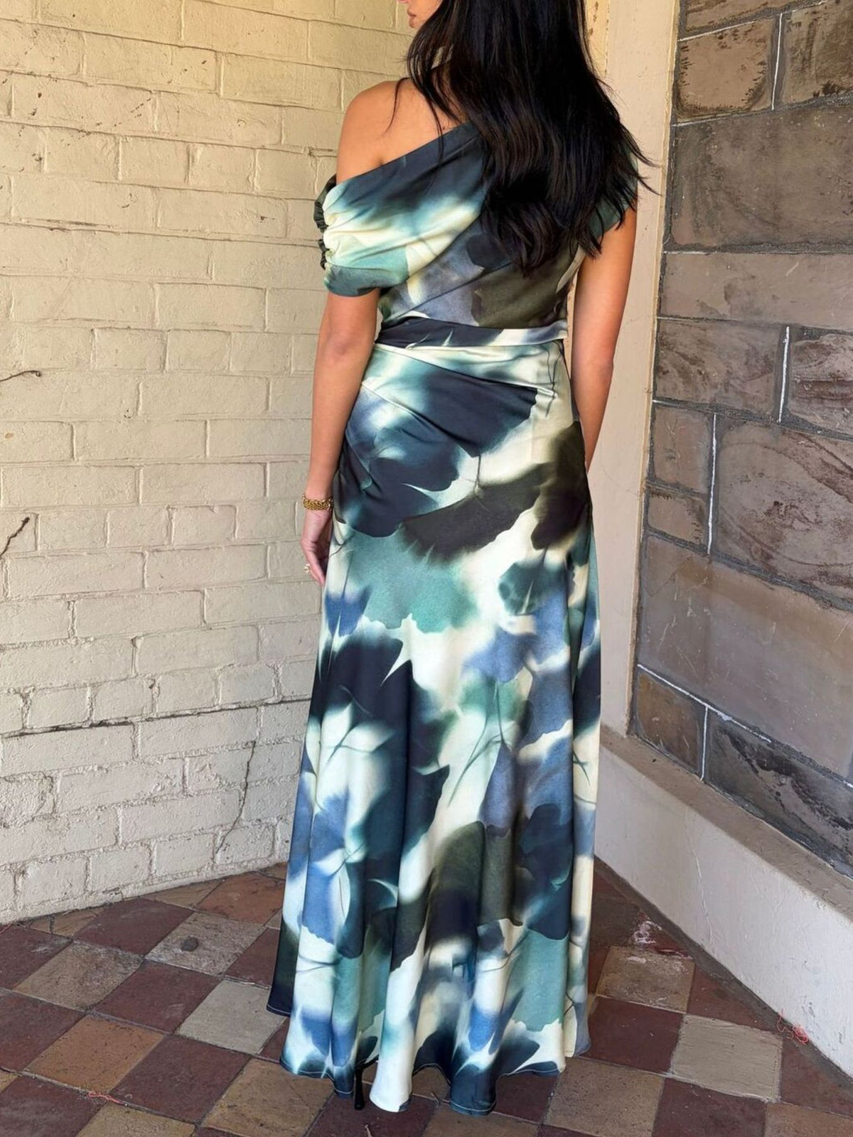 one shoulder floral print maxi dress styled outfit view