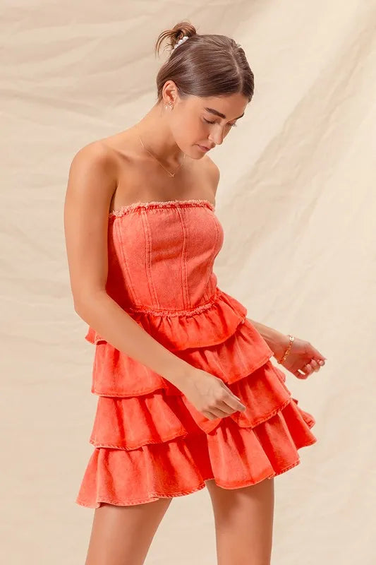 Strapless Ruffle Layered Dress in Orange detail