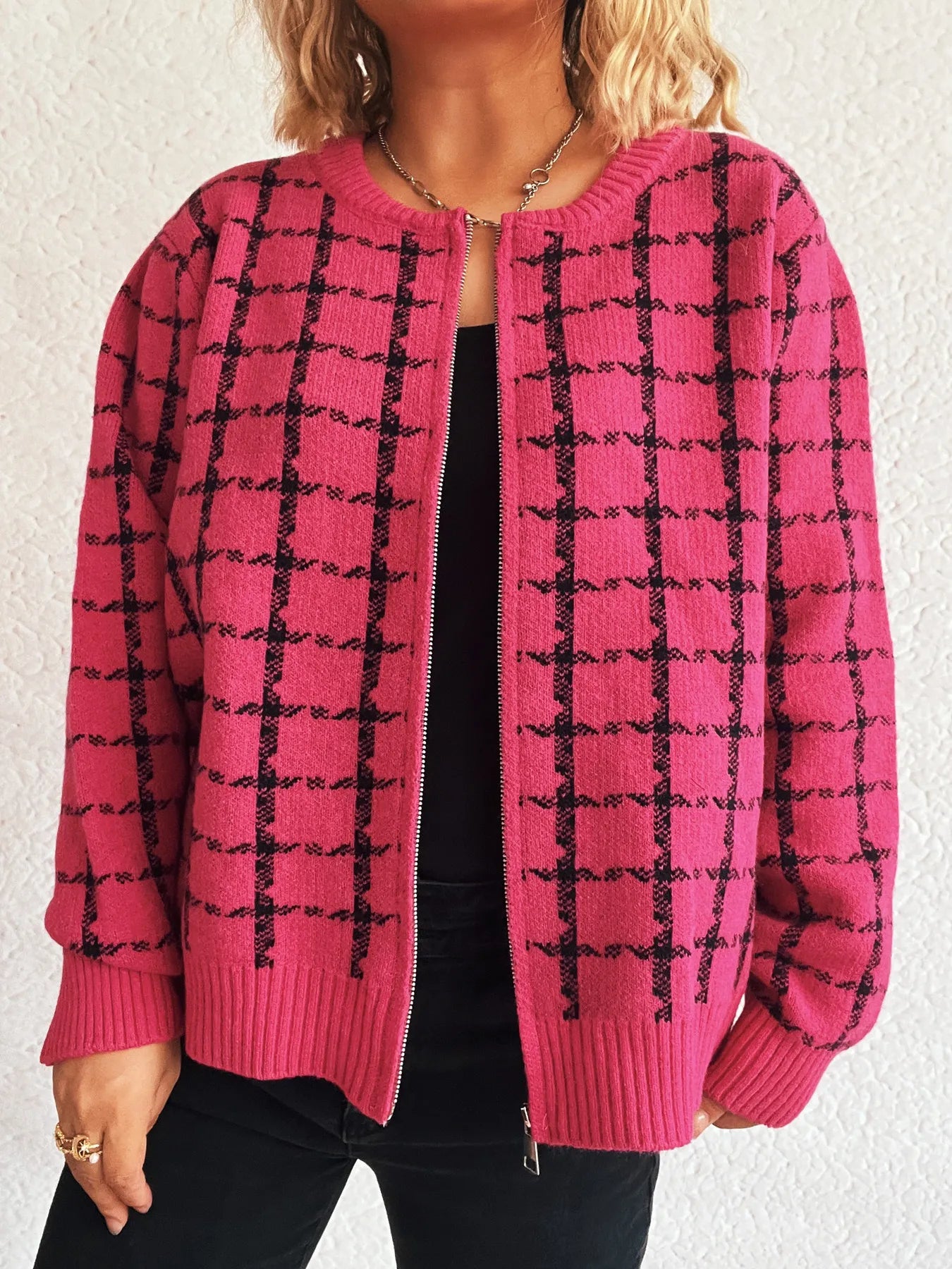 Plaid Pattern Zip Up Cardigan - Fashorio