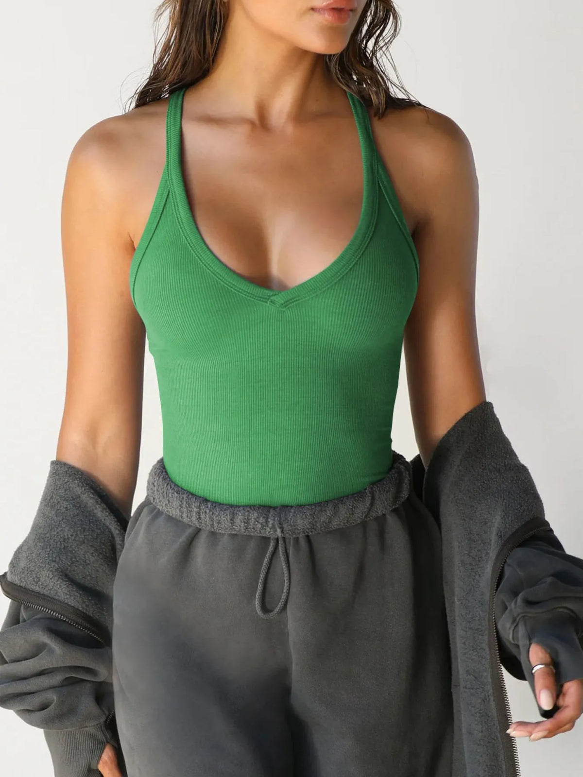 Ribbed V neck halter tank top in green front view
