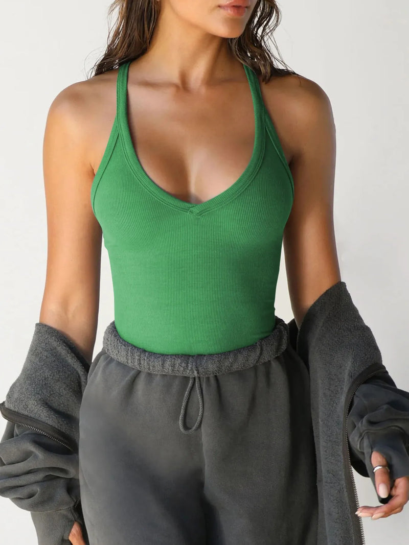 Ribbed V neck halter tank top in green front view