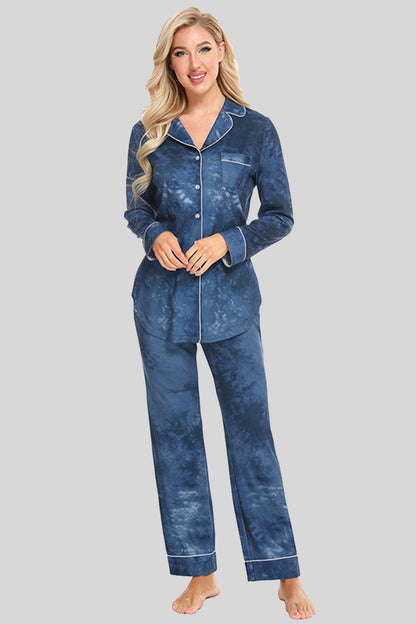 Collared Neck Long Sleeve Loungewear Set with Pockets French Blue - Fashorio