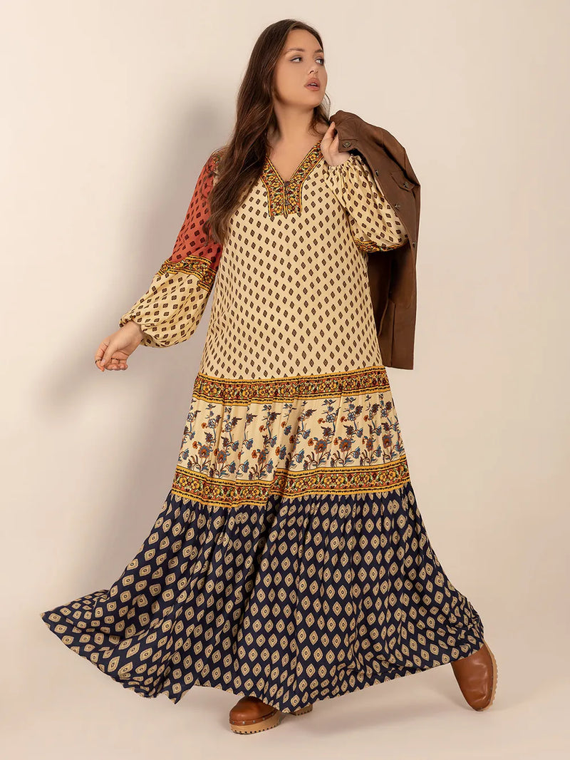Plus size pastel yellow printed V neck maxi dress, front view