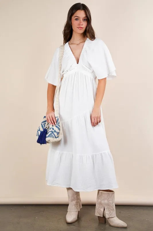 Mineral Washed Elastic Neck Detail Midi Dress