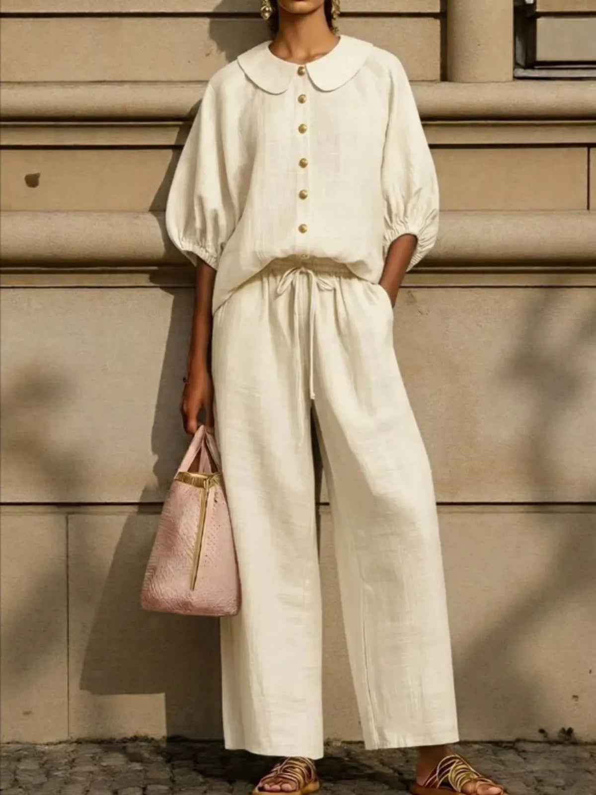 Button down half sleeve top and pants set front