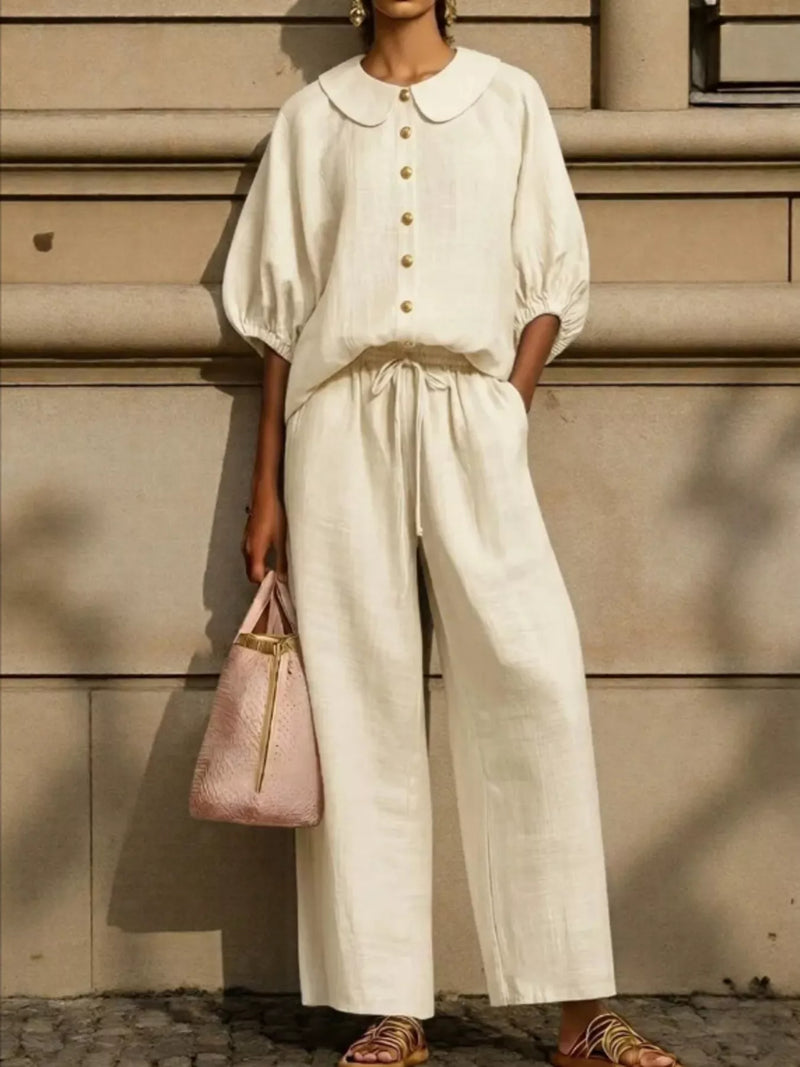 Button down half sleeve top and pants set front