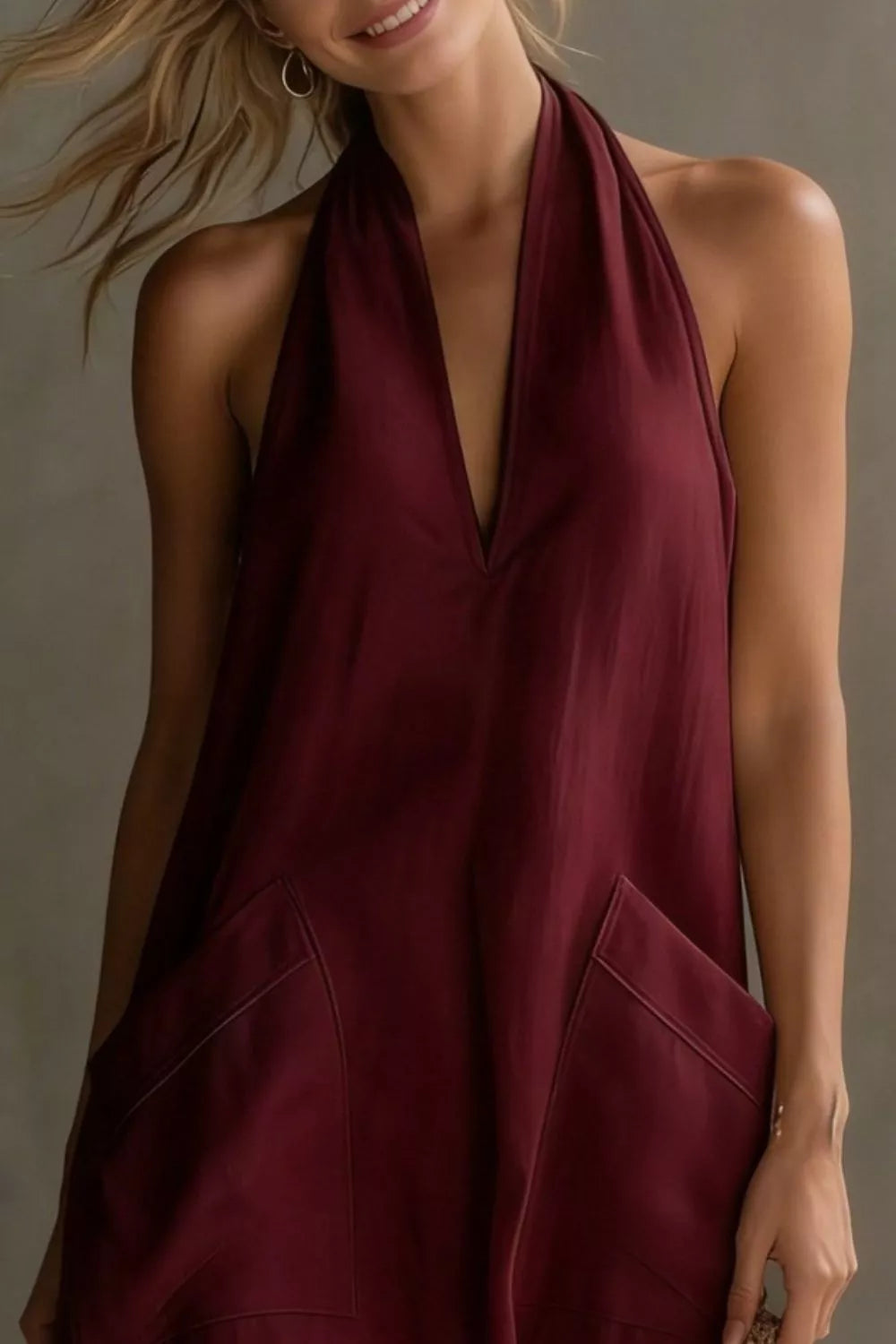 Halter neck pocket midi dress, angled view