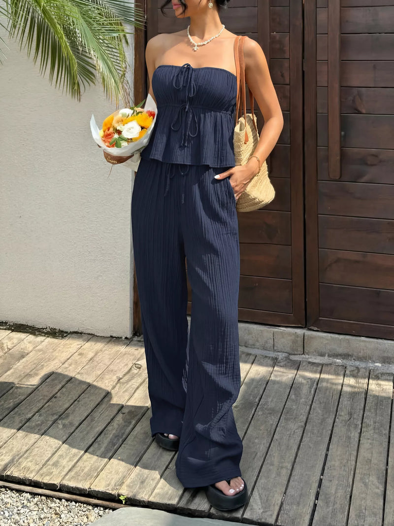 Textured tube top and wide leg pants set front view