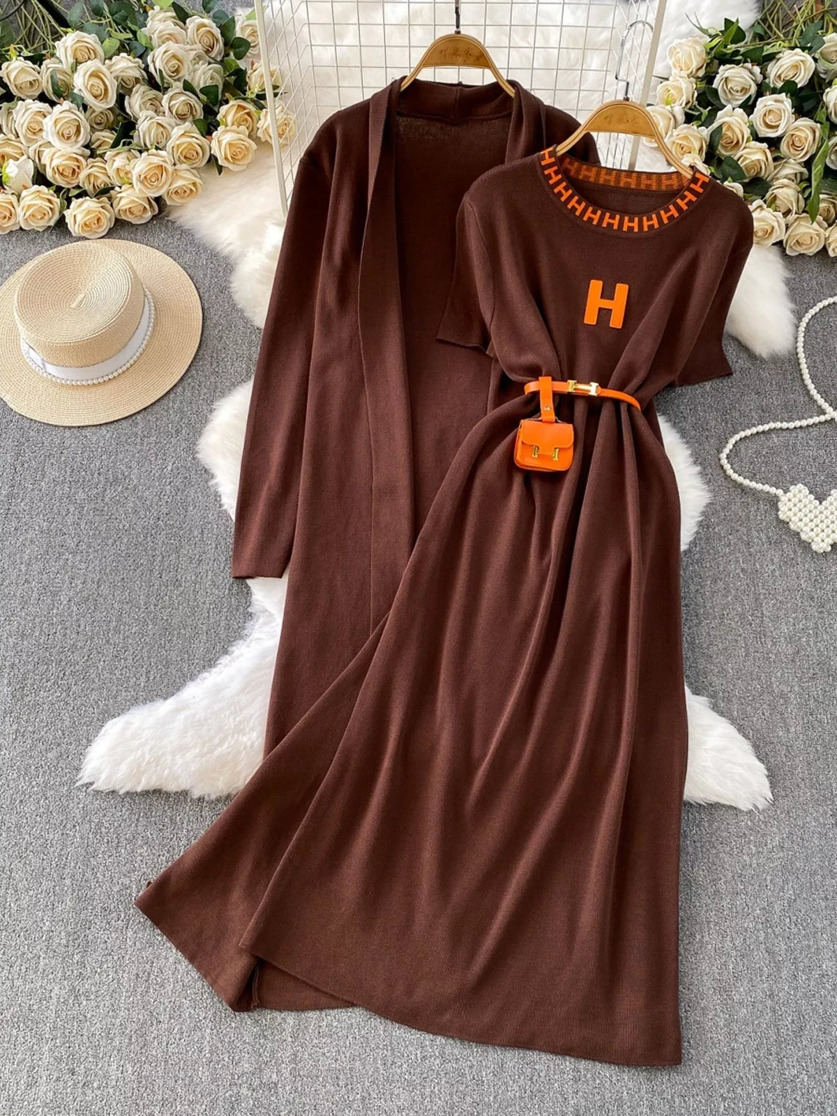 Round Neck Knitted Dress and Cardigan Set, view 13