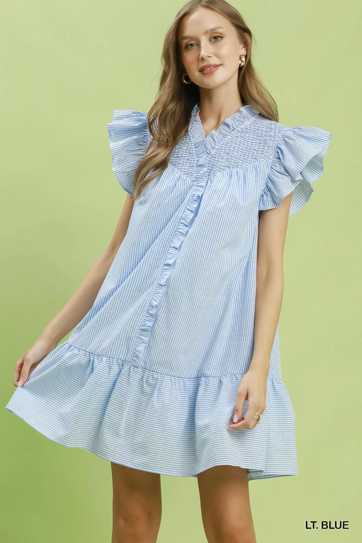 Light blue striped smocked yoke ruffle dress front view