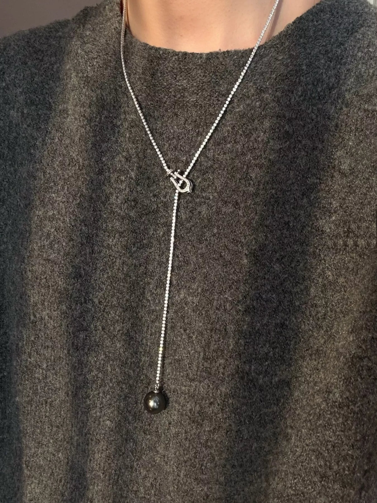 Pearl drop Y necklace with zircon accents, back view