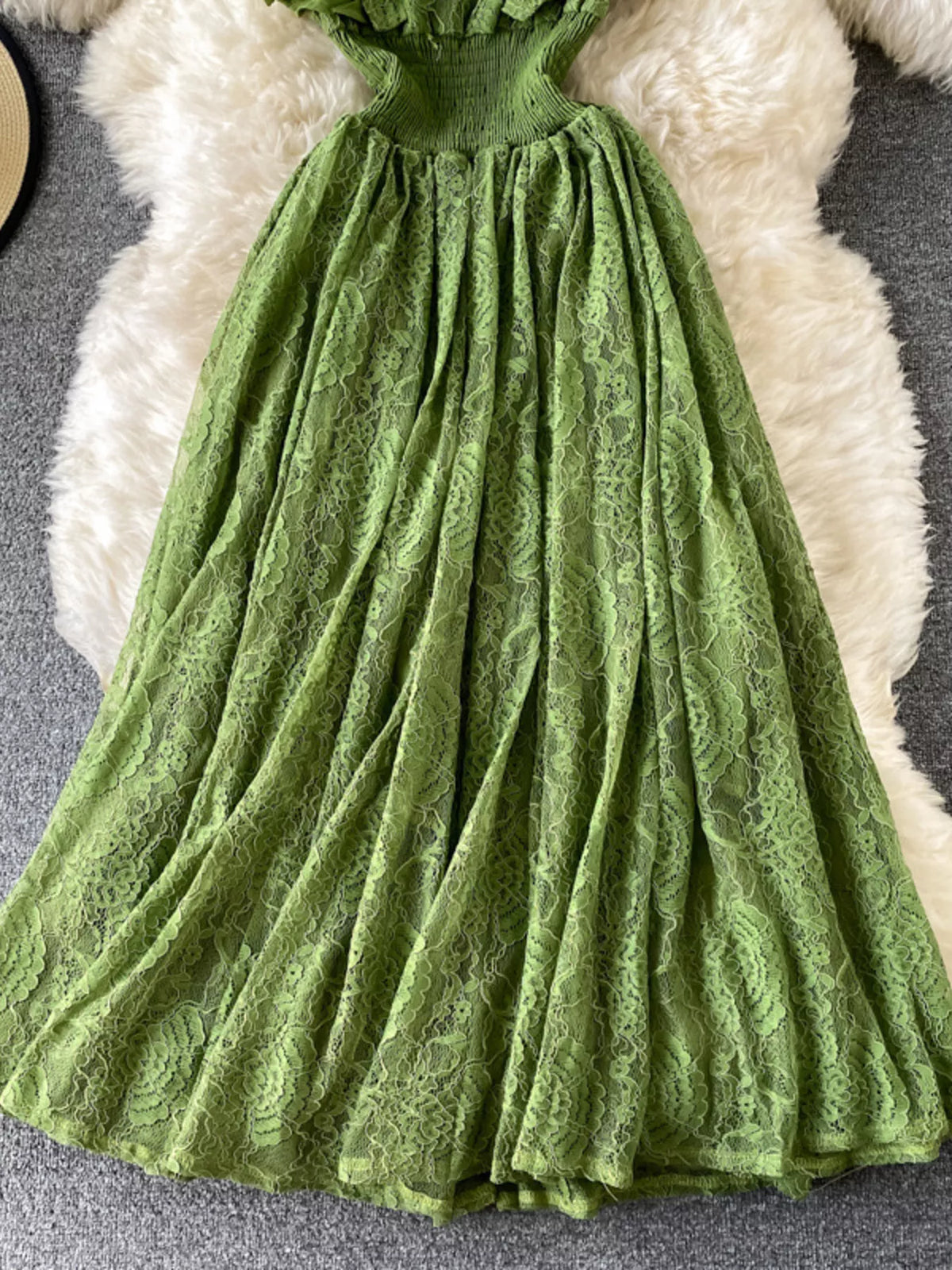 Ruffled mock neck lace maxi dress, fabric detail