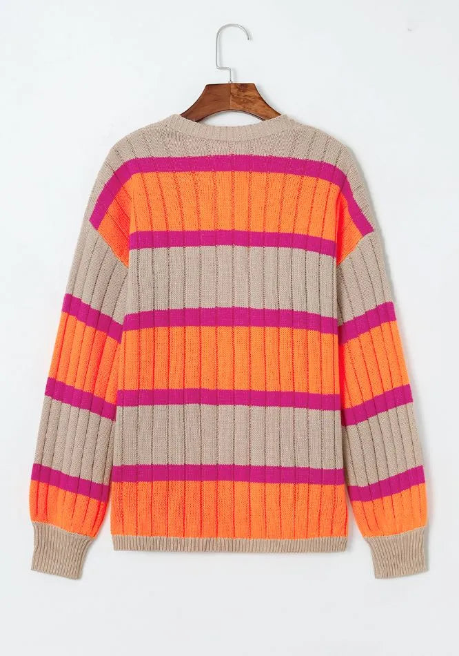 Contrast Striped Drop Shoulder Open Front Cardigan - Fashorio