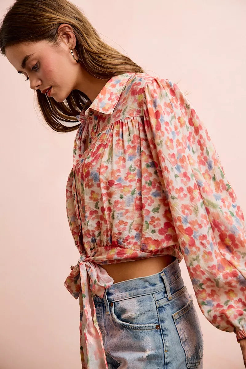 Floral print tie hem crop shirt seated view