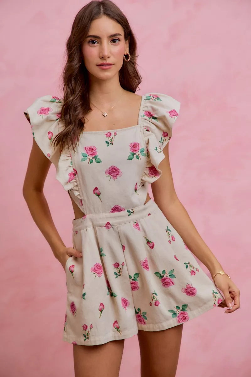 Floral Print Denim Cut Out Waist Ruffled Romper view 8