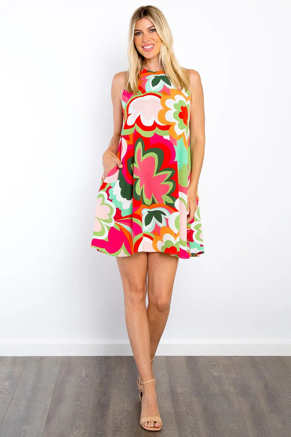 Floral Sleeveless Mini Dress with Pockets in Coral