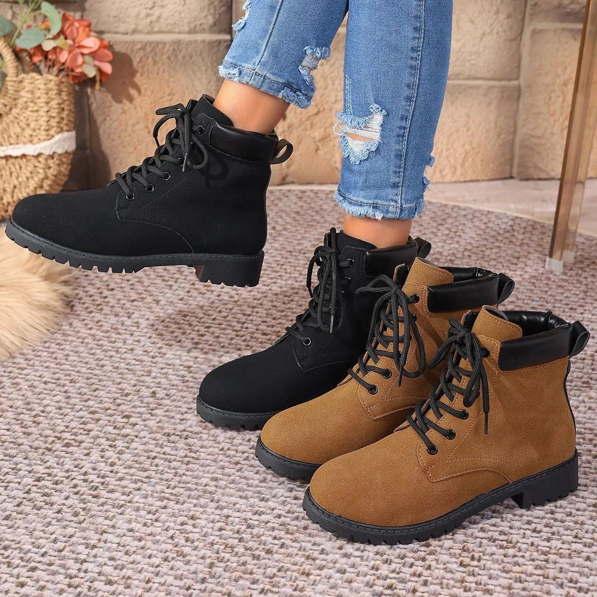 black lace up block heel boots front view