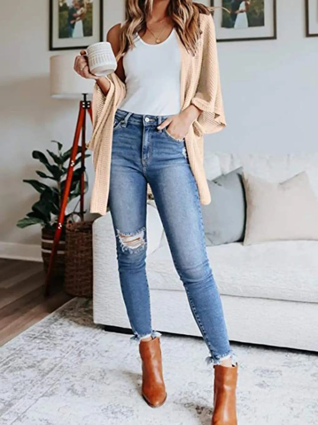 Full Size Open Front Waffle Knit Cardigan Plus Size - Fashorio