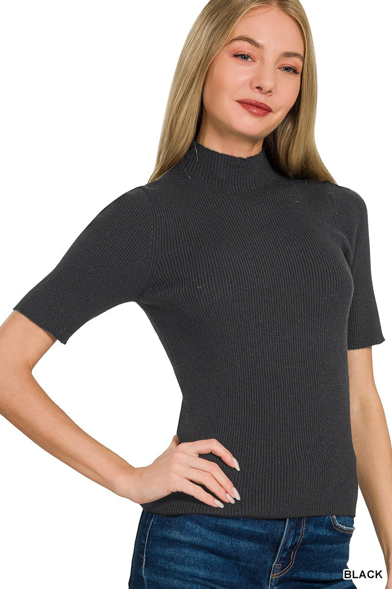 Black mock neck ribbed top side view