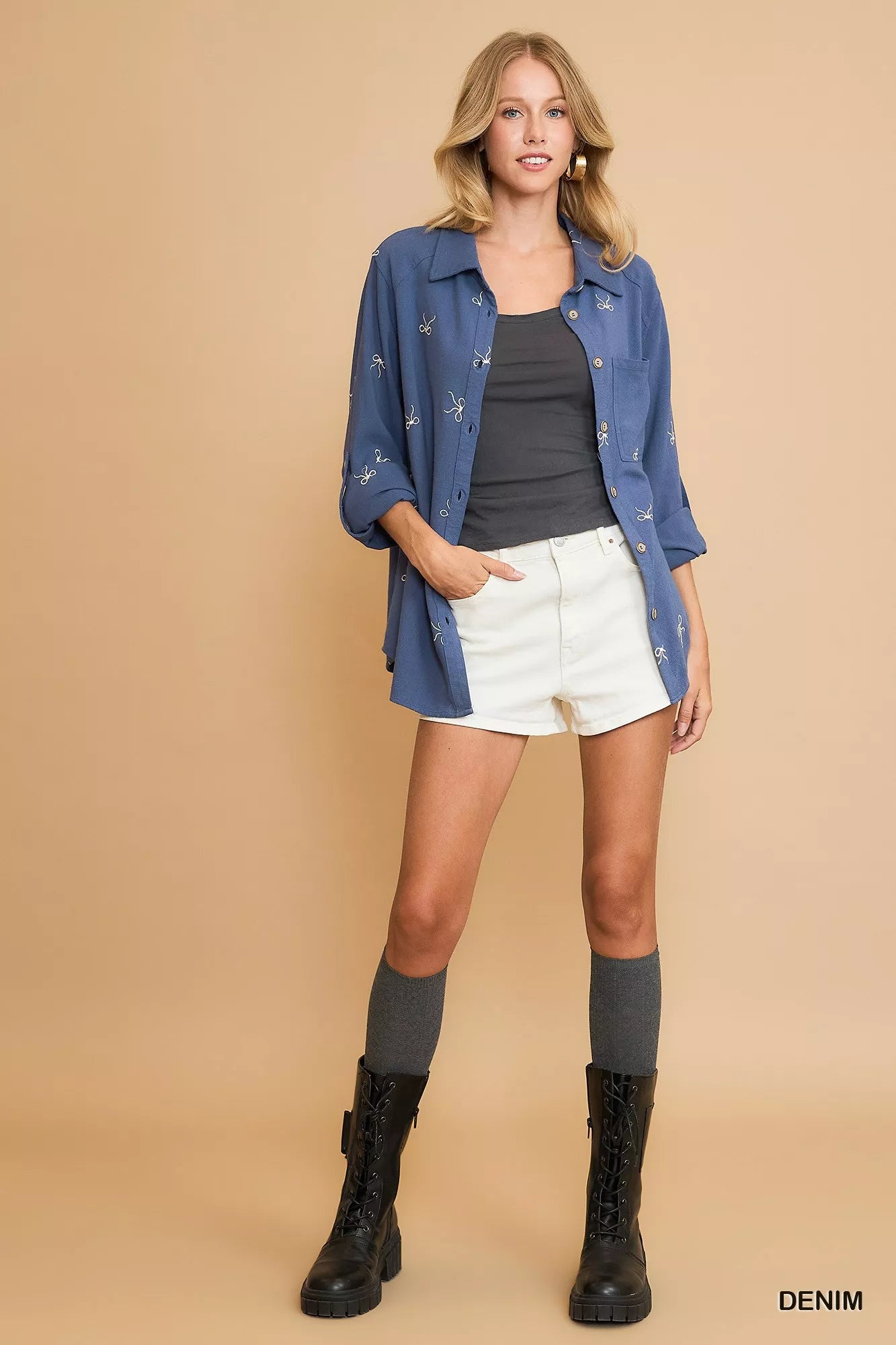 Umgee Linen Blend Fitted Shirt with Ribbon Embroidery Details - Fashorio