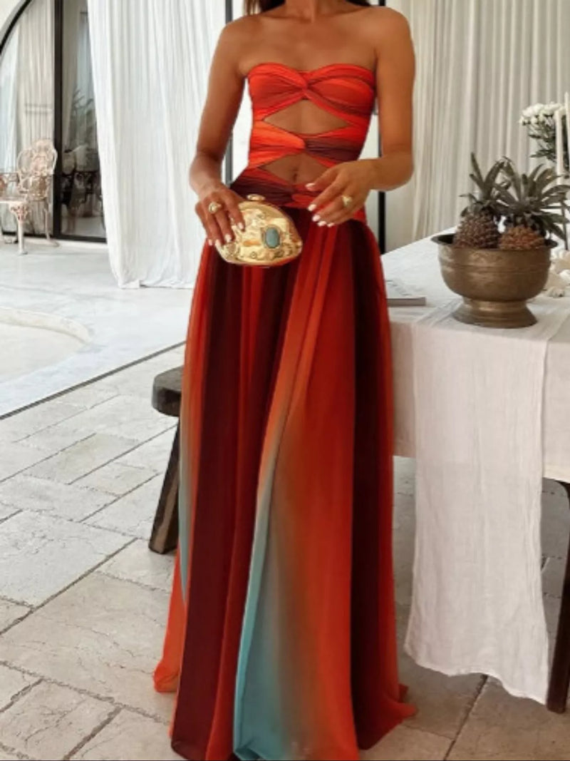 Orange red strapless cutout maxi dress, front view